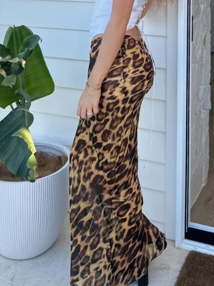 Leopard Print Chiffon High Waisted Summer Maxi Skirt