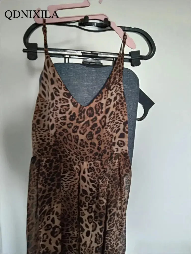 Elegant Long Leopard Print Suspender Maxi Dress