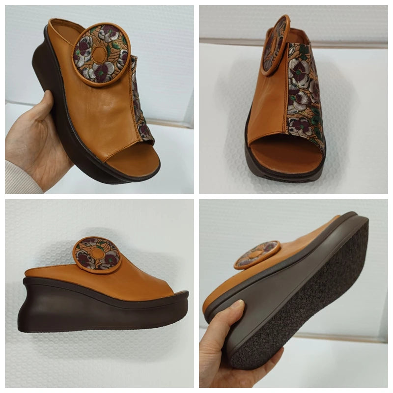 Genuine Leather Platform Sandals with Authentic Applique Design - Thread Harbor Clothing Company