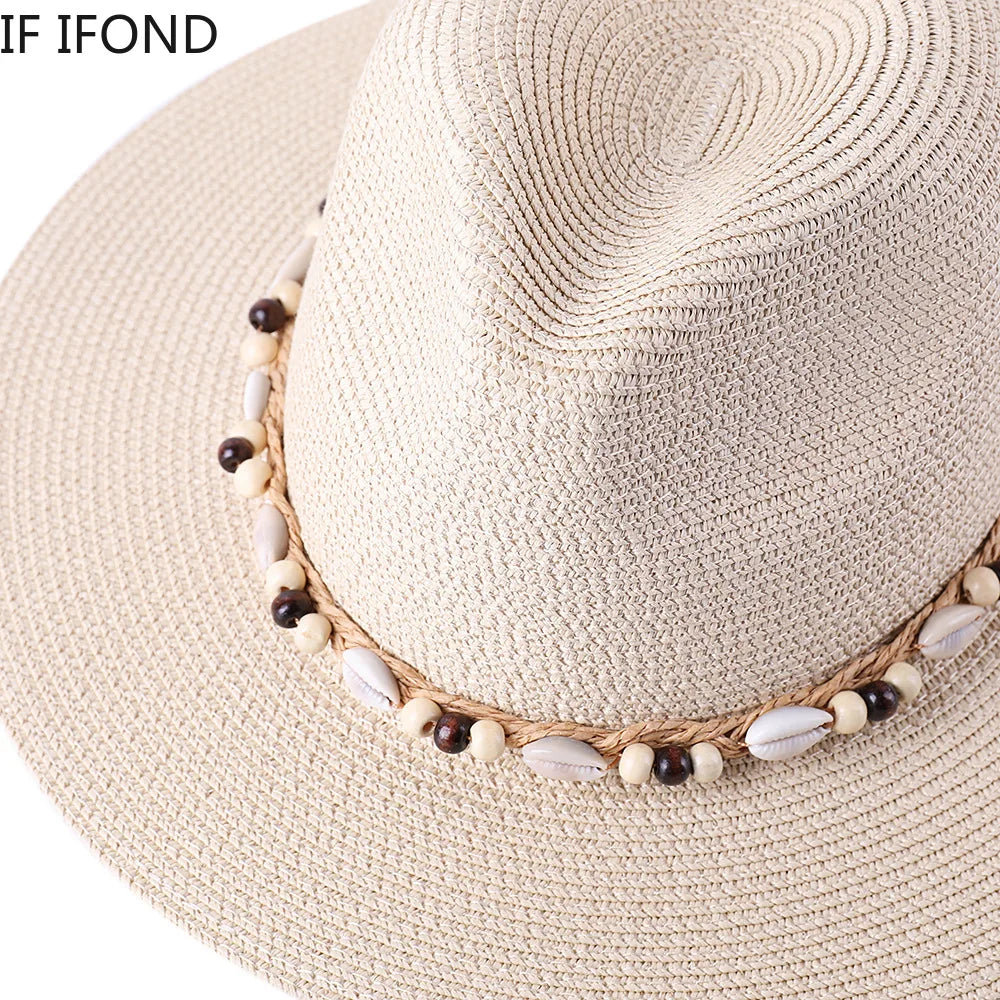 54-58-60CM Women's Summer Straw Panama Hat With Natural  Conch Shell Decoration