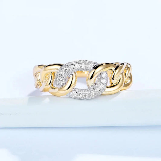 Elevate your style with our Handcrafted 18K White and Yellow Gold Natural Diamond Link Chain Ring. This exquisite piece features a 0.22ct diamond, certified by GDTC, set in luxurious 18K gold. Perfect for any occasion, this fine jewelry from Thread Harbor Clothing Company is a must-have for your collection.