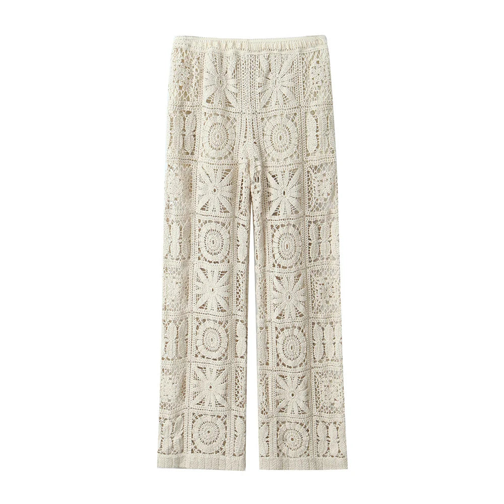 Beige Crochet Cardigan and Wide Leg Elastic Waist Pants - Thread Harbor Clothing Company