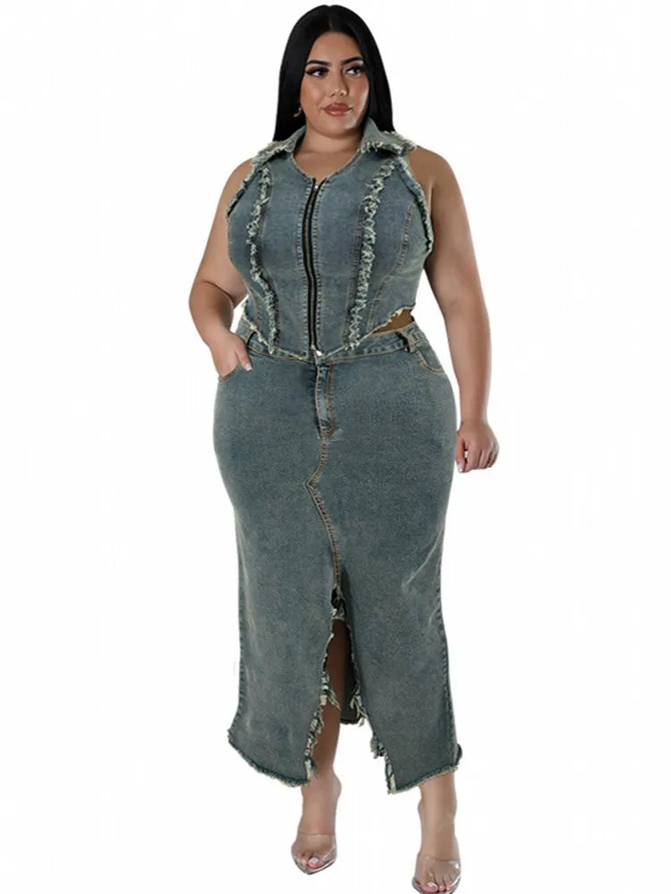 Women's Plus Size Denim Two Piece Sleeveless Vest and Matching Mid Length Skirt