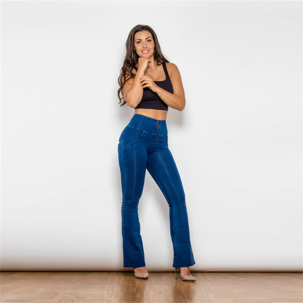 These High Waist Flare Jeans feature a four-way stretchable fabric and butt lifting technology, providing a comfortable and flattering fit. Made with dark blue cotton, these flair leg jeggings are a versatile and stylish addition to any summer wardrobe. Elevate your fashion game!!!