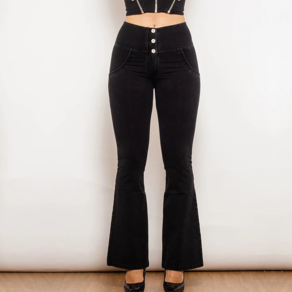    Introducing our Black Flare Leg Butt Lift Jeggings, designed to shape and lift your butt while providing a comfortable mid rise and high waist fit. These button up jeans feature a stylish flare leg for a modern touch. Upgrade your wardrobe and boost your confidence with these innovative jeans!