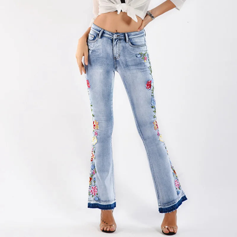 Vintage Floral Embroidered Flare Leg Push-Up Jeans