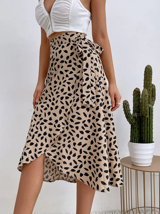 Elastic Waist A-Line Leopard Print Midi Skirt