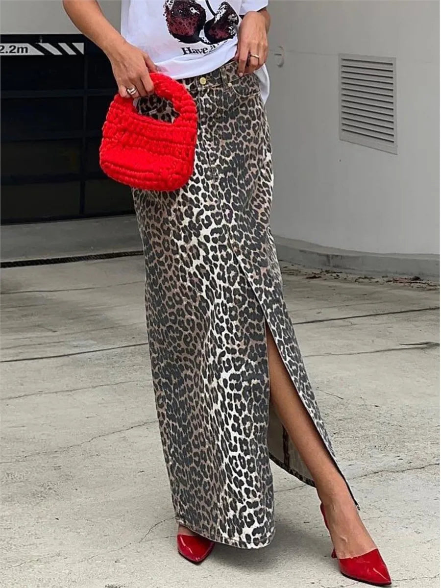 Women's Leopard Print Denim High Waist Straight Split Midi Skirt with Pockets