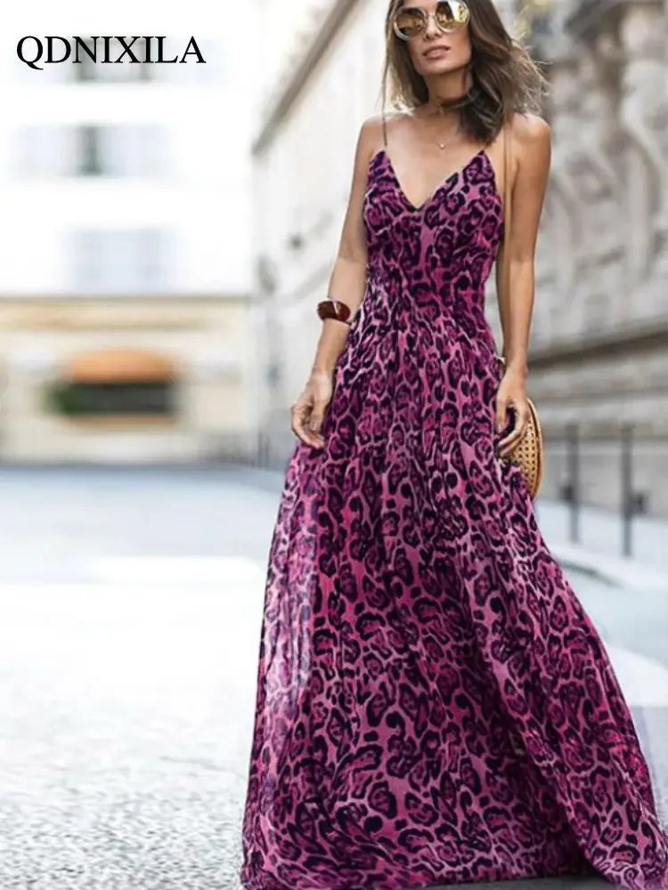 Elegant Long Leopard Print Suspender Maxi Dress