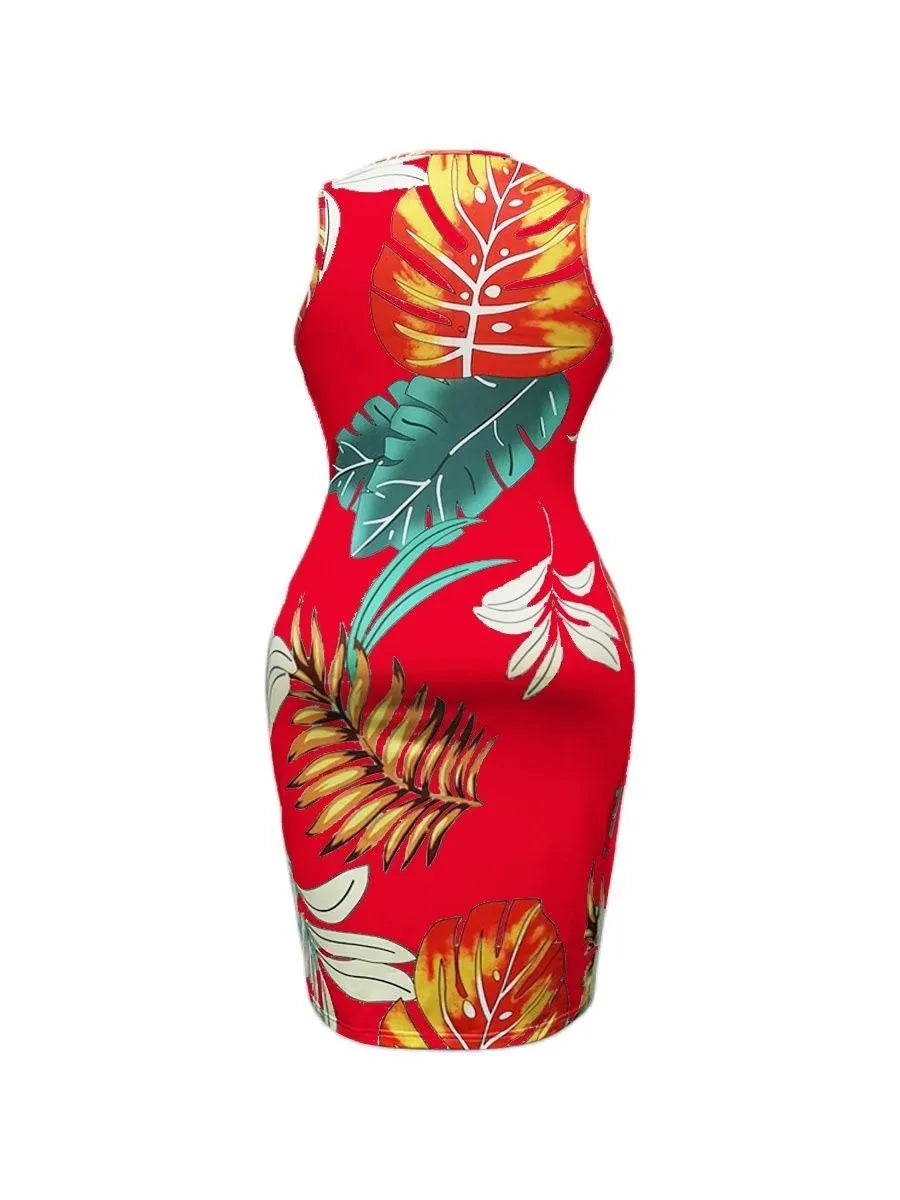 Sexy Plus Size Floral Print Bodycon Summer Dress in Red or Black