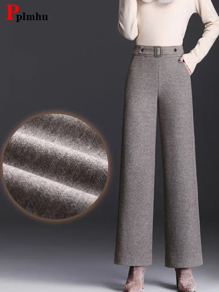 Wool Blend Wide Leg High Waist Fall and Winter Pants Elastic Waistline