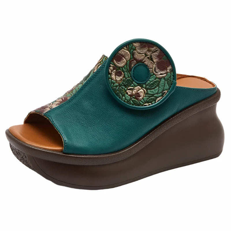 Genuine Leather Platform Sandals with Authentic Applique Design - Thread Harbor Clothing Company