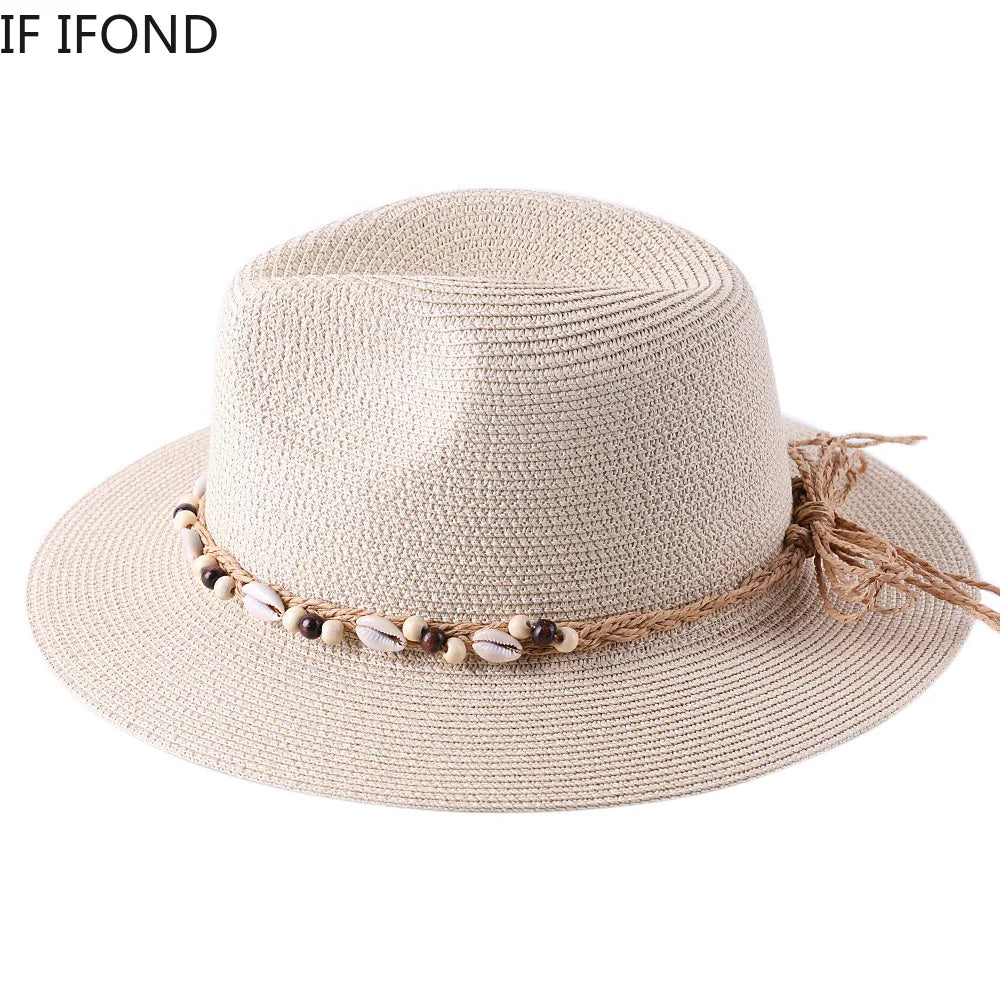 54-58-60CM Women's Summer Straw Panama Hat With Natural  Conch Shell Decoration