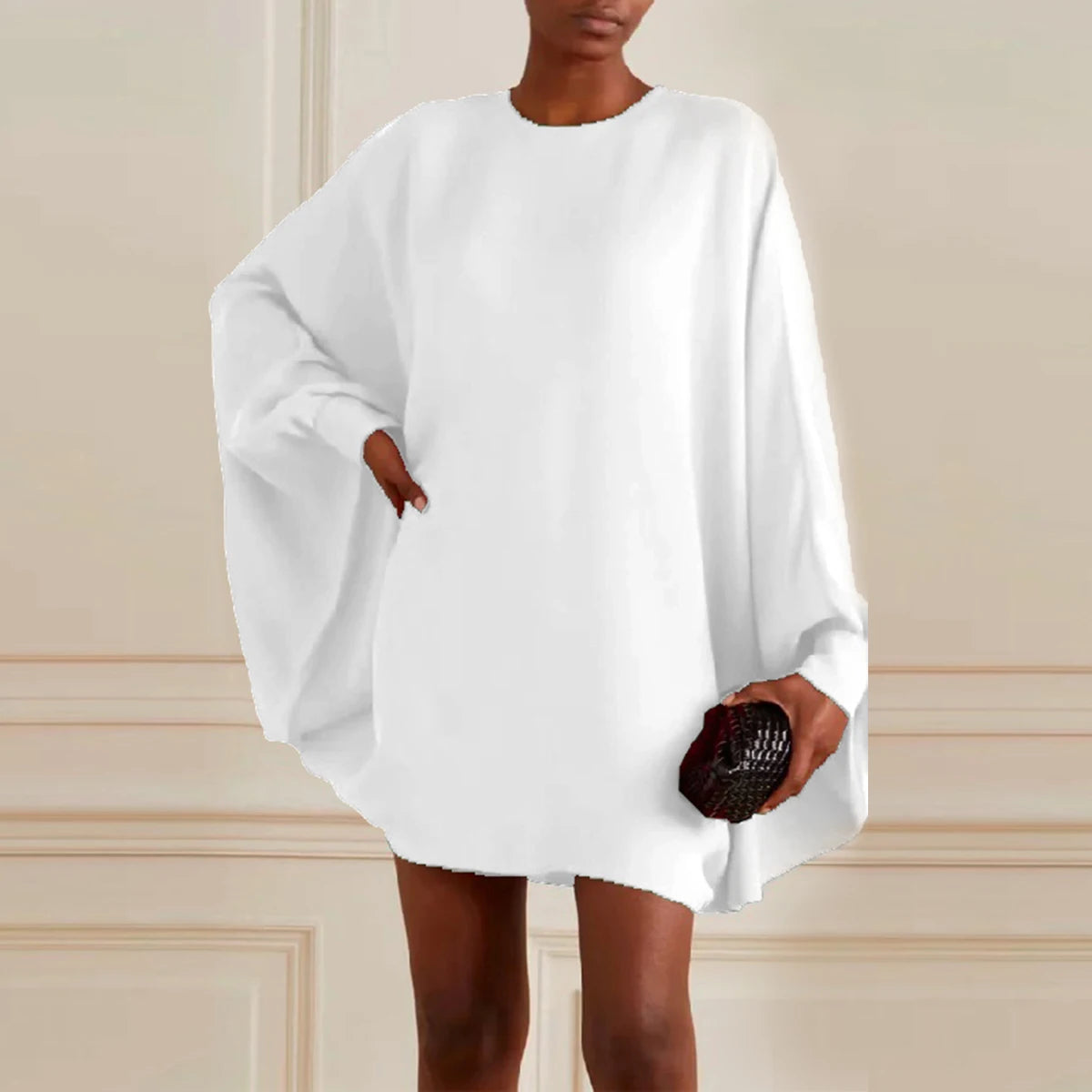 Loose Fit Simple Batwing Sleeve Mini Dress with Rounded Neck - Thread Harbor Clothing Company