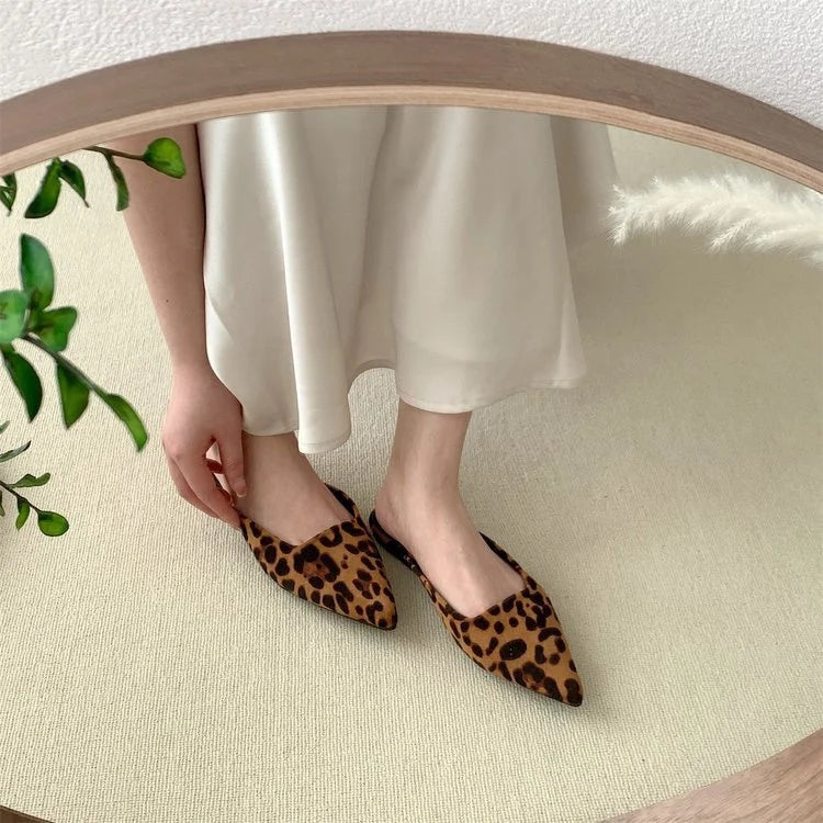 Pointed Toe Leopard Print Design Slip on Low Heel Casual Mules Loafers