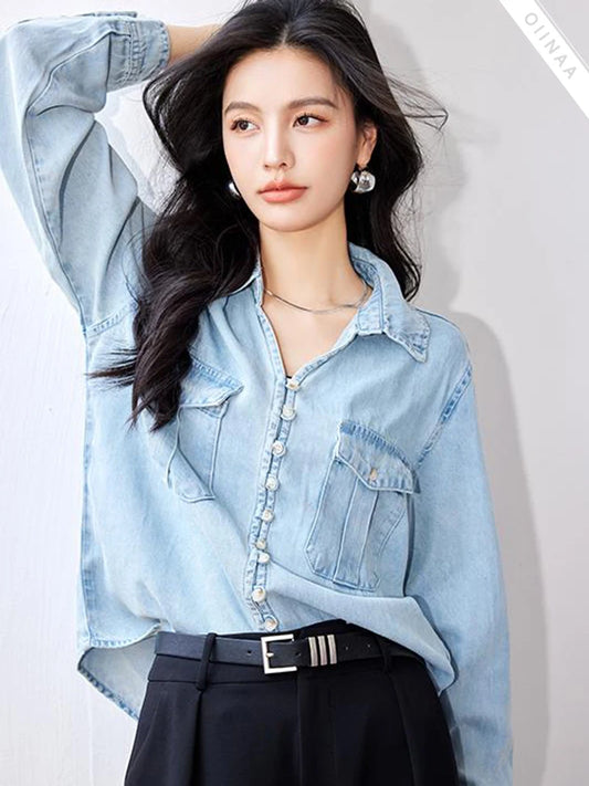 Women's Denim Shirt Fold Down Collar Light Blue Long Sleeve Breast Pockets Casual Blouse