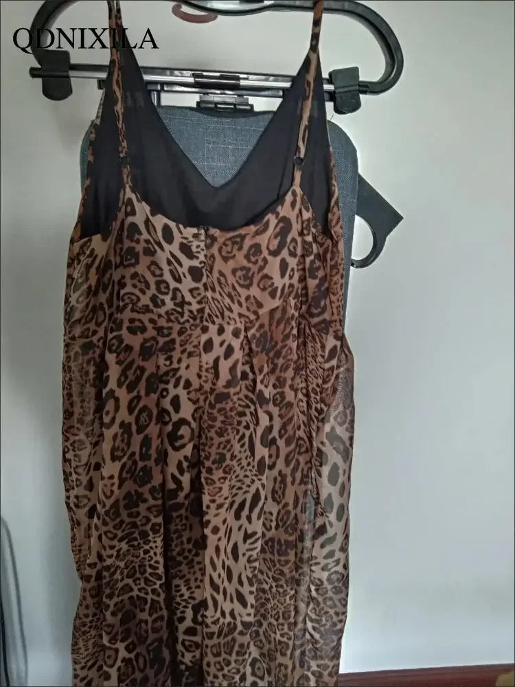 Elegant Long Leopard Print Suspender Maxi Dress