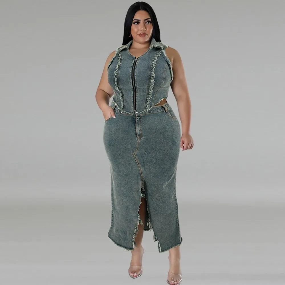 Women's Plus Size Denim Two Piece Sleeveless Vest and Matching Mid Length Skirt