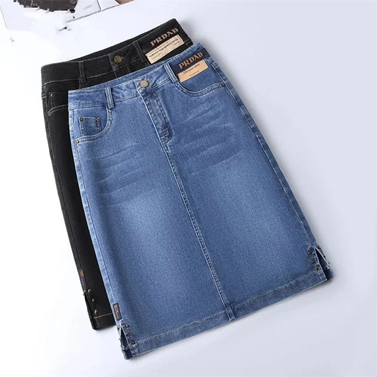 Indulge in effortless style with our Women's Denim Mid Length High Waisted Skirt. Made with high quality denim, this skirt offers a flattering high waist and a versatile mid-length for easy styling. Elevate your wardrobe with this must-have piece for every fashion-forward woman!