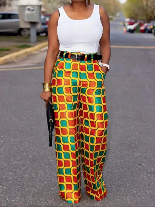 Colorful Wide Leg Elastic Waist Trousers with Geometric Pattern Print - Thread Harbor Clothing Company