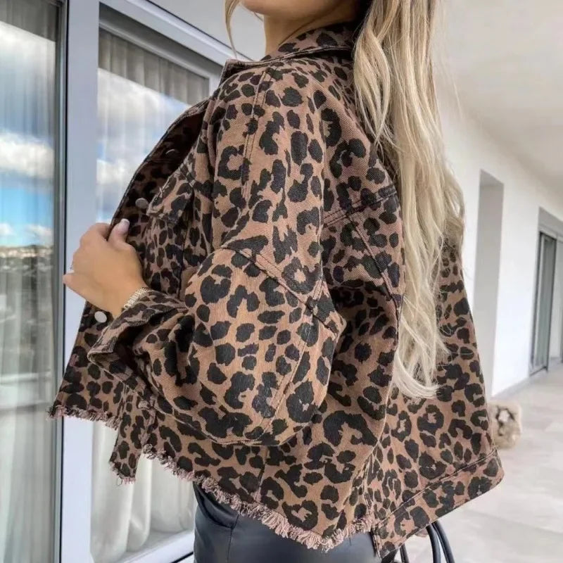 Unleash your wild side with our Raw Hem Trendy Leopard Denim Coat for Women! Made with high-quality denim, this coat features a fierce leopard print design and a stylish raw hem. Stay on-trend and make a statement with this must-have piece.