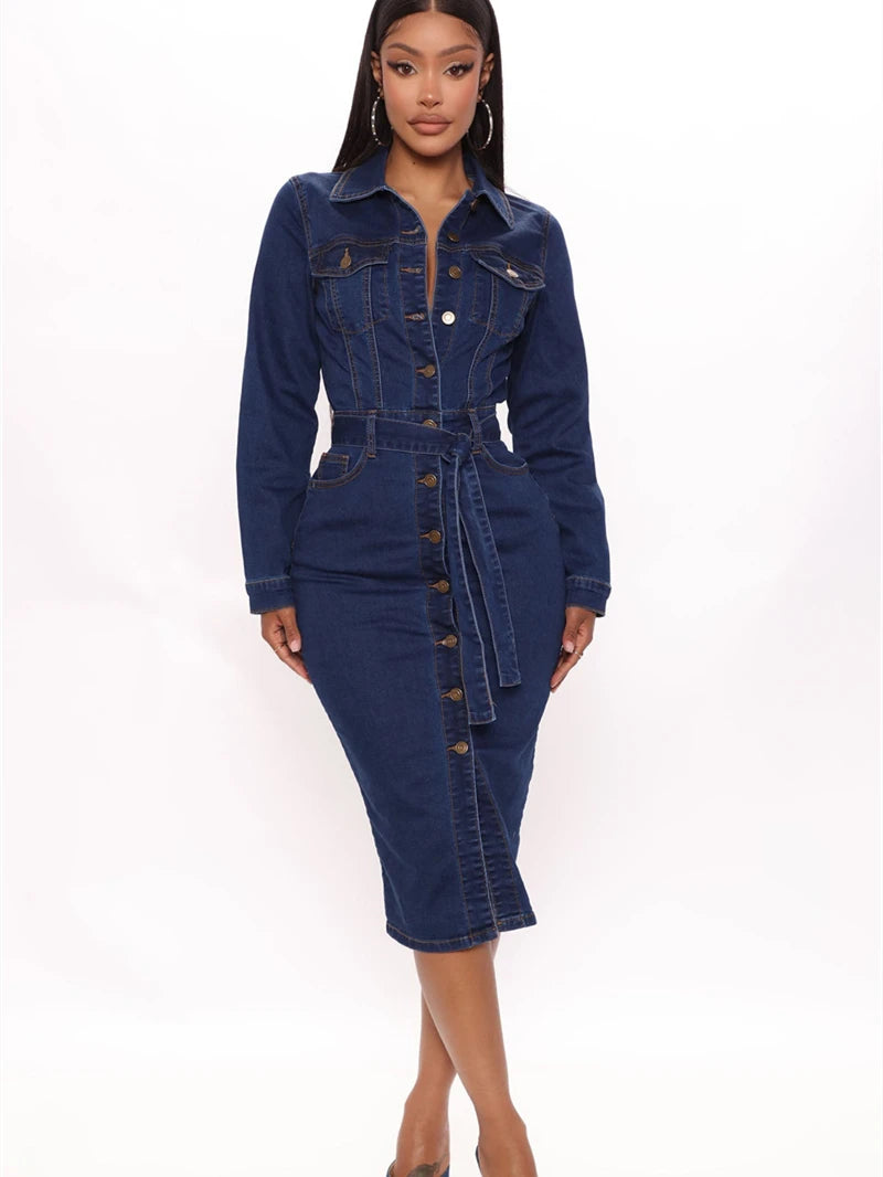 Elevate your style with our Elegant Tight Fit Long Sleeve Denim Midi Dress! This dress hugs your curves in all the right places, while the long sleeves add a touch of sophistication. The midi length is perfect for any occasion, making you feel confident and chic. Upgrade your wardrobe today!