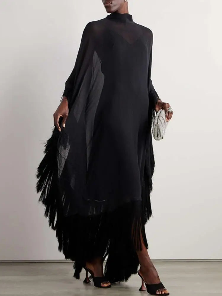 Women's Sheer Black Bat Wing Two Piece See Through Maxi Dress