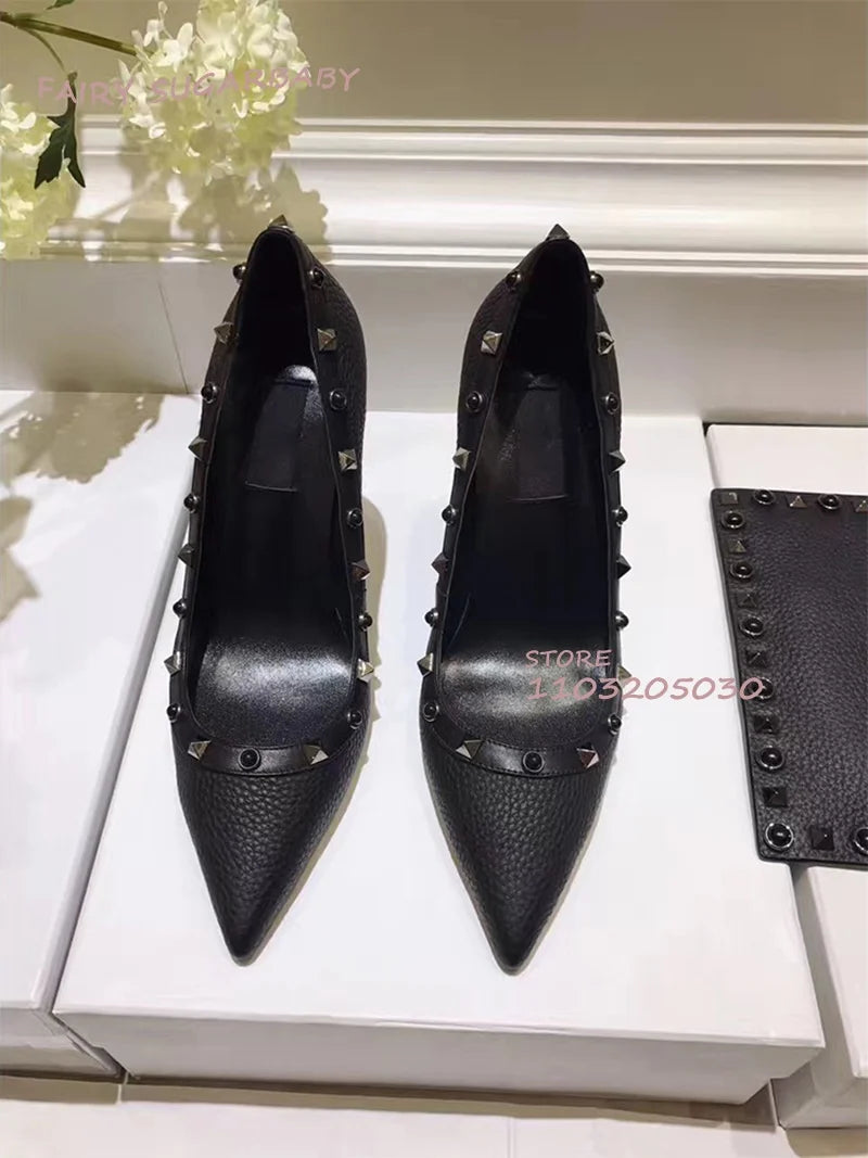 Featuring a sleek faux leather construction, these pumps exude timeless elegance with a modern twist. The spike embellishments add a hint of edginess, while the classic silhouette ensures versatility and sophistication.