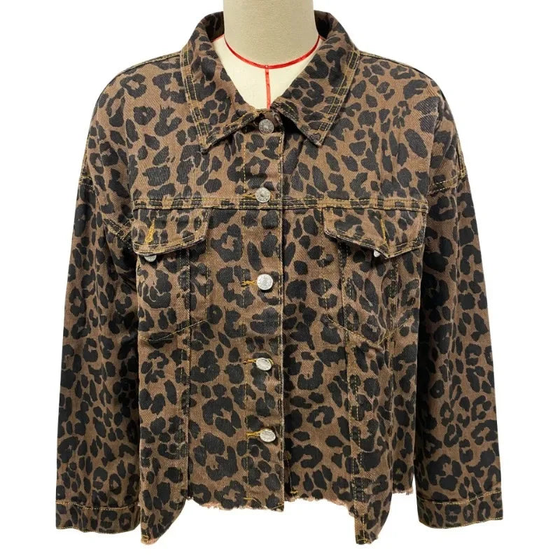 Unleash your wild side with our Raw Hem Trendy Leopard Denim Coat for Women! Made with high-quality denim, this coat features a fierce leopard print design and a stylish raw hem. Stay on-trend and make a statement with this must-have piece.