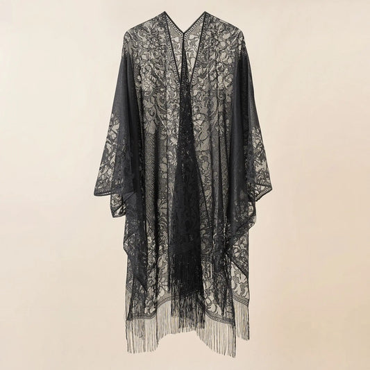 Elevate your summer style with our Sexy Summer Suit Cover up Lace Shawl with Tassels! This versatile cover up features delicate lace and playful tassels that add a touch of bohemian charm to any outfit. Perfect for the beach, pool, or a night out - it's a must-have for every fashion-forward woman. Black.