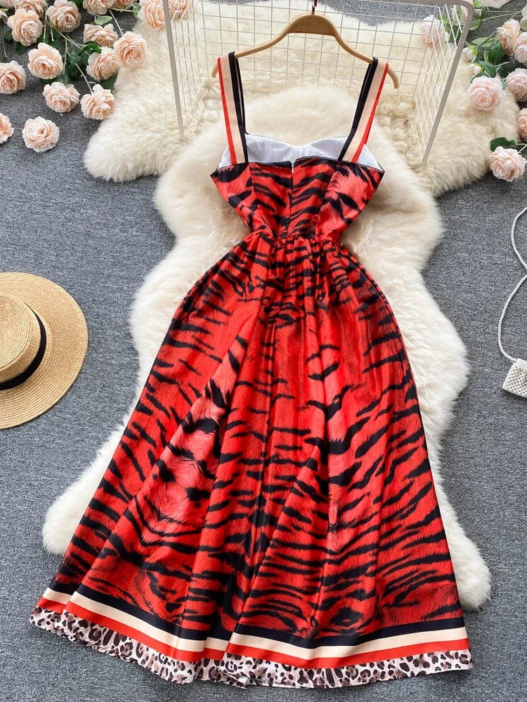 Vintage Red Spaghetti Strap Leopard Print Midi Dress