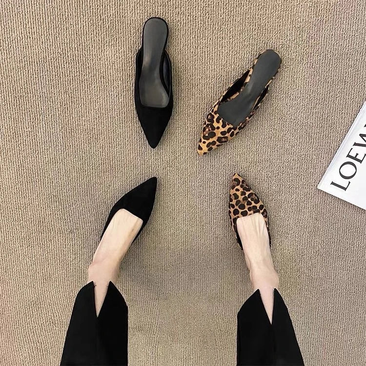 Pointed Toe Leopard Print Design Slip on Low Heel Casual Mules Loafers