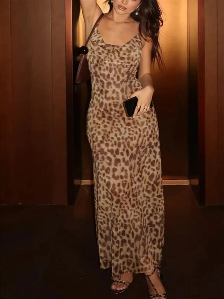 Leopard Print Spaghetti Strap Backless Maxi Dress