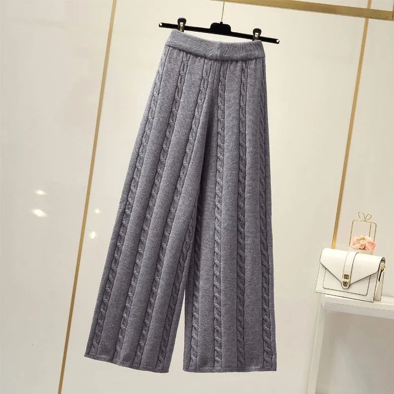 Cable Knit Wide Leg Pants Elastic High Waist Casual Solid Color Cotton Polyester