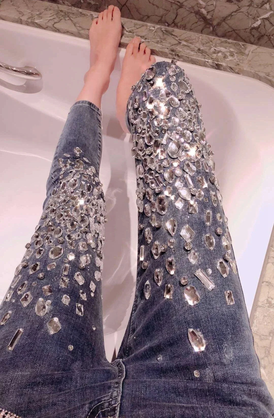 Handmade Rhinestone Beaded Denim Skinny Jeans