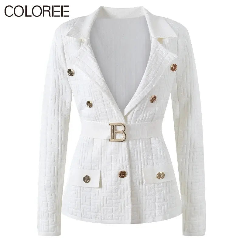 Stay warm and stylish in our Designer Double Breasted Cardigans for Women. Featuring a belted and knitted design, these cardigans are available in tan, black, pink, and white. Elevate your wardrobe with this double breasted cardigan, perfect for any occasion.