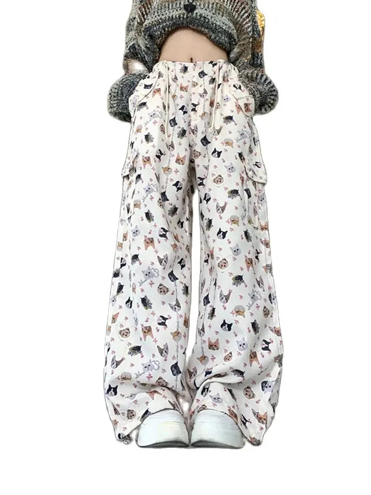 Wide Leg Pants with Cute Cat Graphic Print