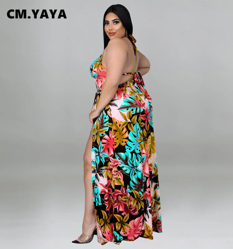 Plus Size Floral Maxi Dress with Tie Waist Two Piece Matching Beach Swimsuit Set