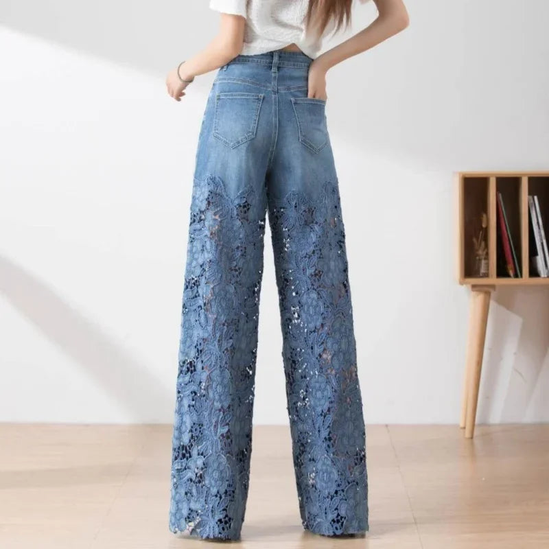 Elegant Lace High Waist Denim Jeans