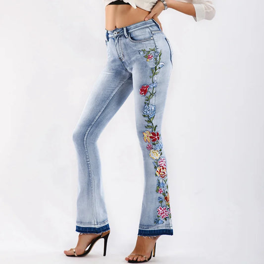 Vintage Floral Embroidered Flare Leg Push-Up Jeans