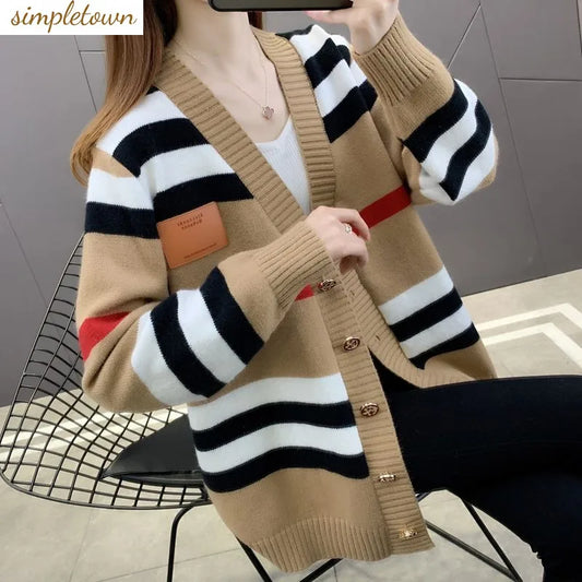 Thick Loose Fit Stripped Casual Knit Cardigan - Thread Harbor Clothing Company