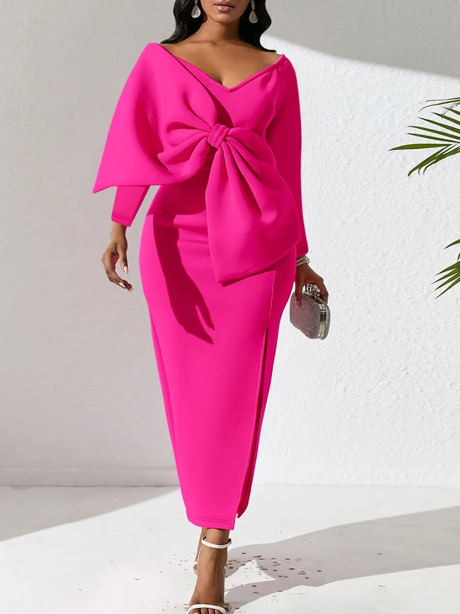 Long Sleeve Electric Pink Plus Size Bodycon Maxi Dress