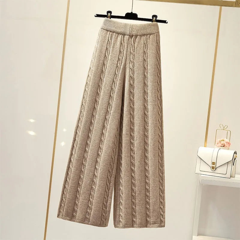 Cable Knit Wide Leg Pants Elastic High Waist Casual Solid Color Cotton Polyester