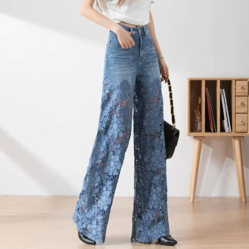 Elegant Lace High Waist Denim Jeans