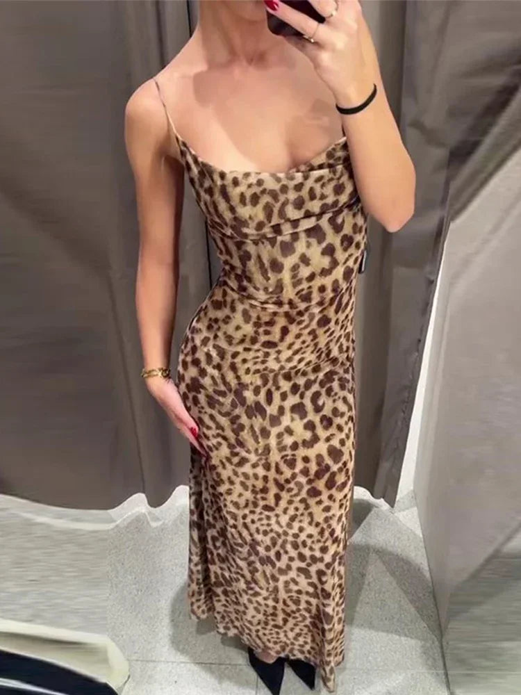 Women's Long Leopard Print Slip Dress Maxi Length Backless