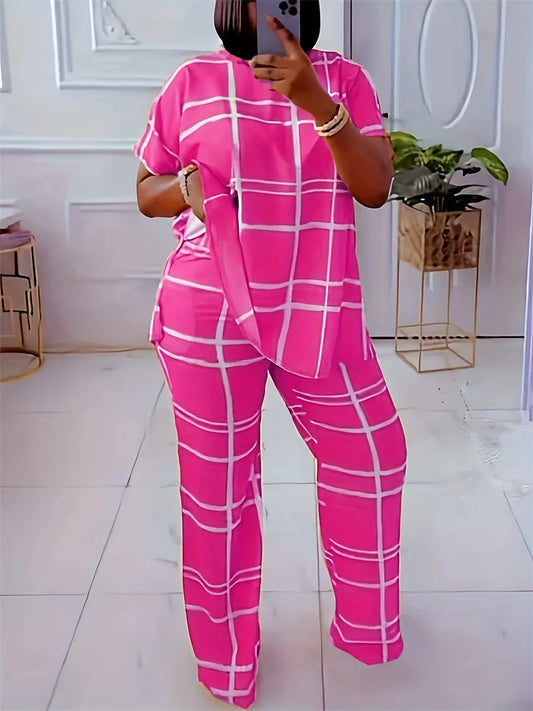 In Bright Pink with white vertical and horizontal stripes. Upgrade your wardrobe with our plus size wide leg pant set! Designed with short sleeves and available in 5 stunning colors, this two-piece set offers both style and comfort. Elevate your look and feel confident in any occasion! 