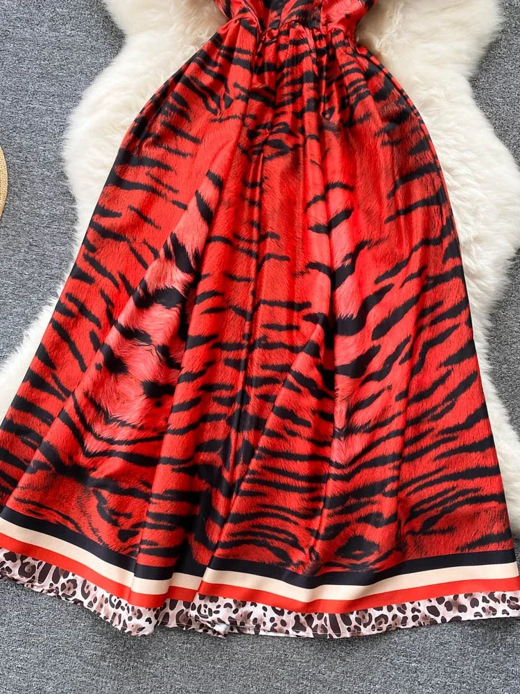 Vintage Red Spaghetti Strap Leopard Print Midi Dress