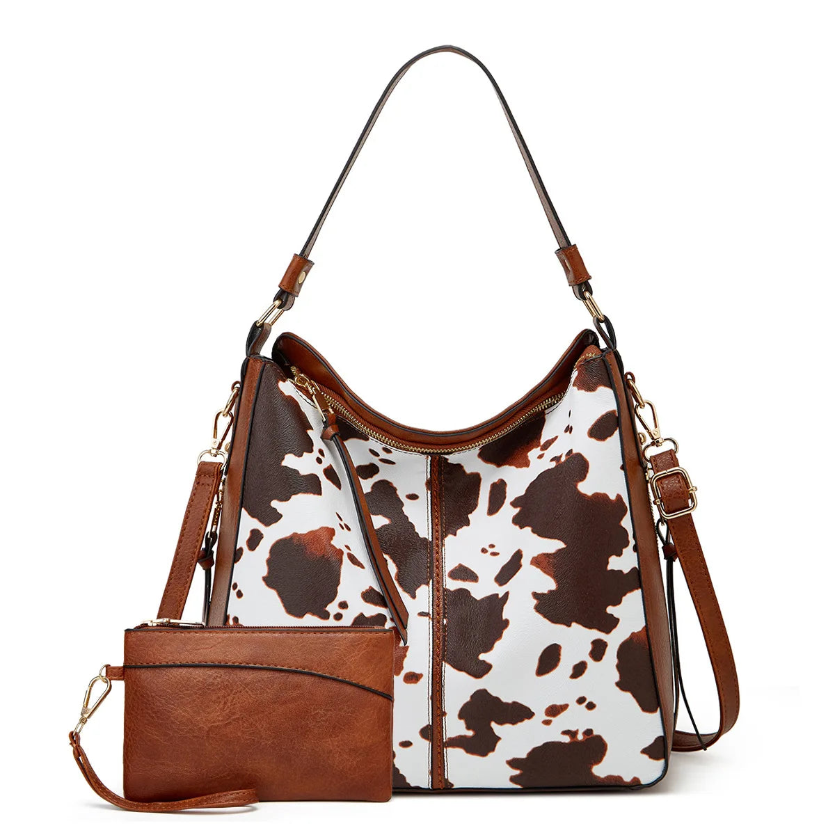 Stay stylish and organized with our Large Capacity Leopard/Cow Print Shoulder Bag. Includes a matching wallet for added convenience. Perfect for on-the-go fashionistas!  Brown faux cowhide bag with brown matching wallet and shoulder strap