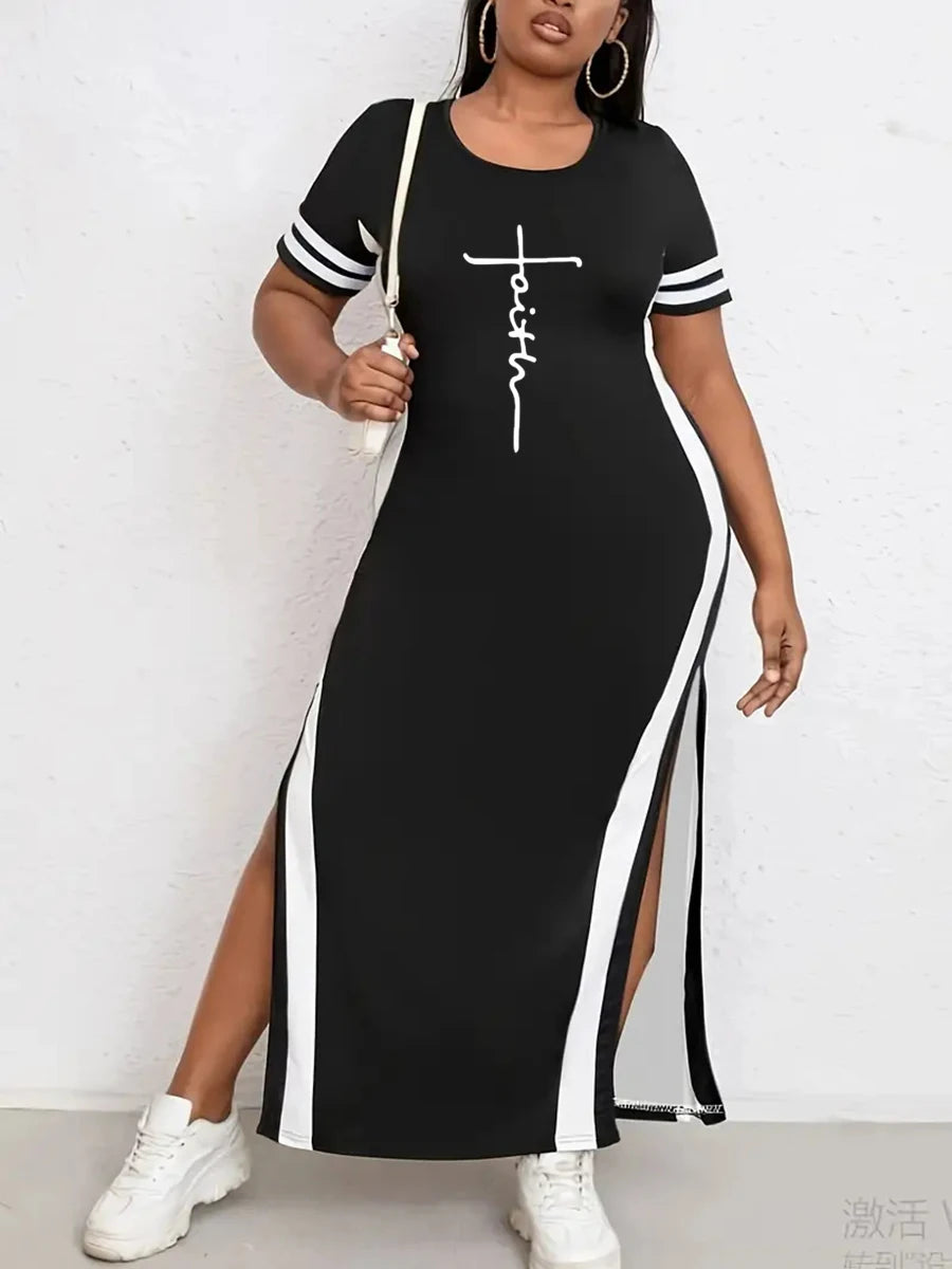 Get ready to make a statement in our "Faith" print dress! Designed for plus size women, this polyester knit bodycon dress exudes confidence and style. With short sleeves and side slits, it's perfect for any occasion. Embrace your faith and show off your curves in this stunning maxi length dress. The dress has white stripes down each side of the dress and stripes around the sleeves