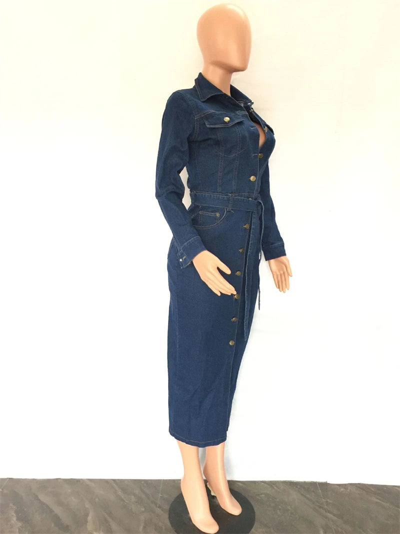 Elevate your style with our Elegant Tight Fit Long Sleeve Denim Midi Dress! This dress hugs your curves in all the right places, while the long sleeves add a touch of sophistication. The midi length is perfect for any occasion, making you feel confident and chic. Upgrade your wardrobe today!